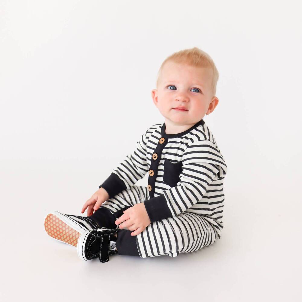 NEW TINY TRENDSETTER kids long sleeve wooden button romper in jet black stripe